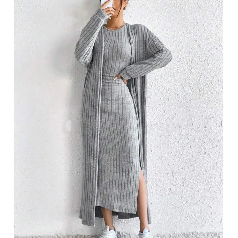 Autumn Knit Cardigan Sleeveless Dress Set Simple Solid Color Trendy Maxi Length Coat Homewear Dress 2Piece Set Womens Outfits 251028