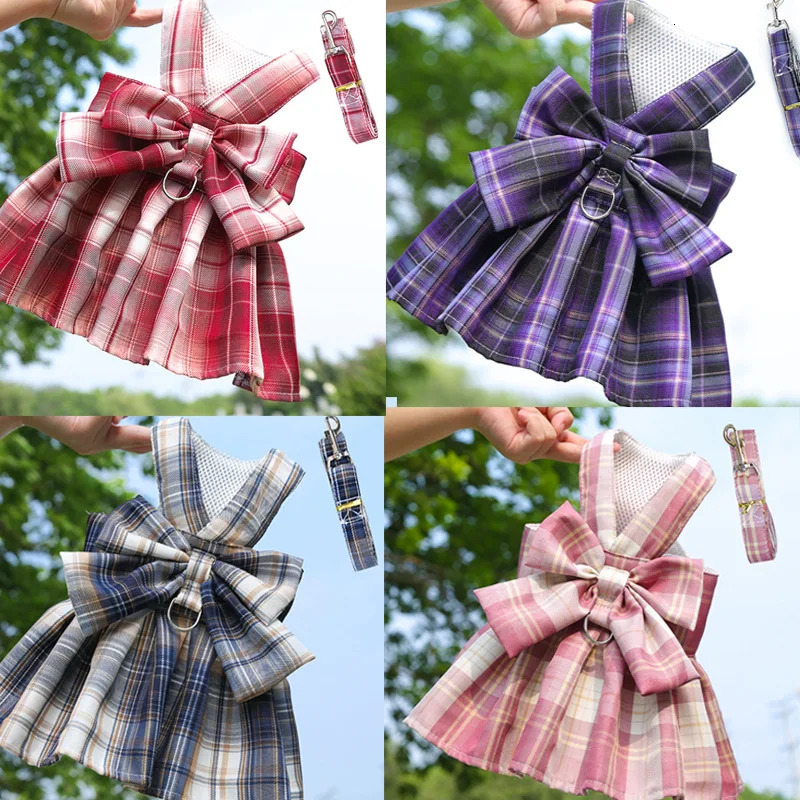 Bow Puppy Cat Dresses Summer Pet Clothes Fashion Plaid JK Dress with Leash Sets for Small Dogs Cats Kitten Clothing ropa gato 251029