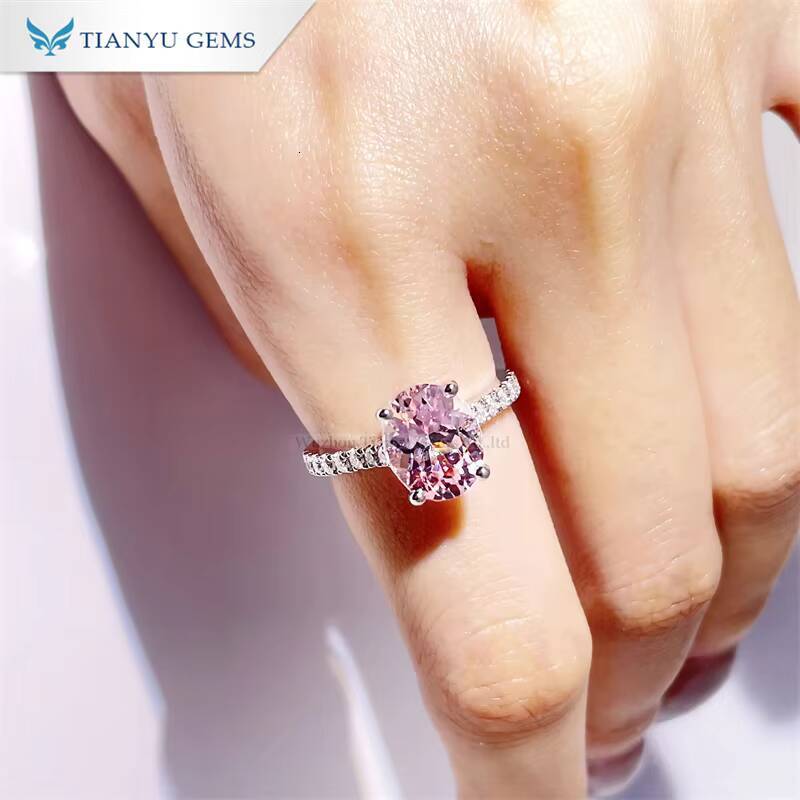 Tianyu Gems 8X10mm Oval pink Lab Sapphire Ring Moissanite DEF Diamonds 14k White Gold Wedding Engagement Rings Jewelry for Women