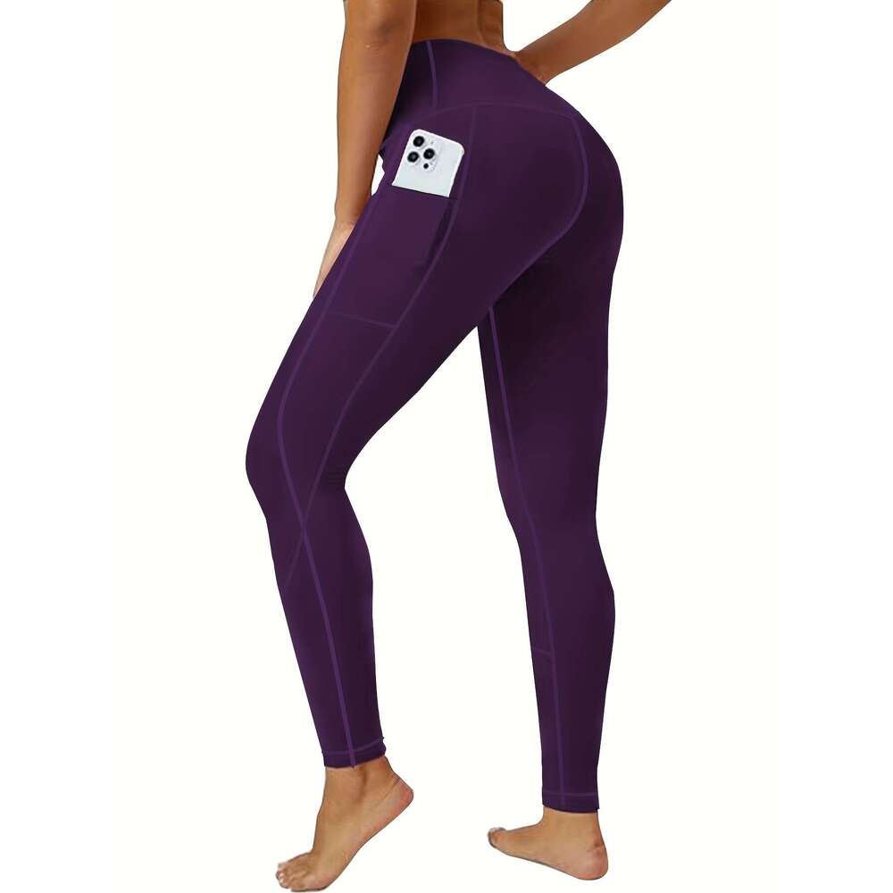 5pcs Set Women's Plus Size High-Waisted Leggings Full-Length Tight-Fit Yoga Pants with Pockets, 5 Solid Colors Black, Dark Blue, Bury, Purple, Na