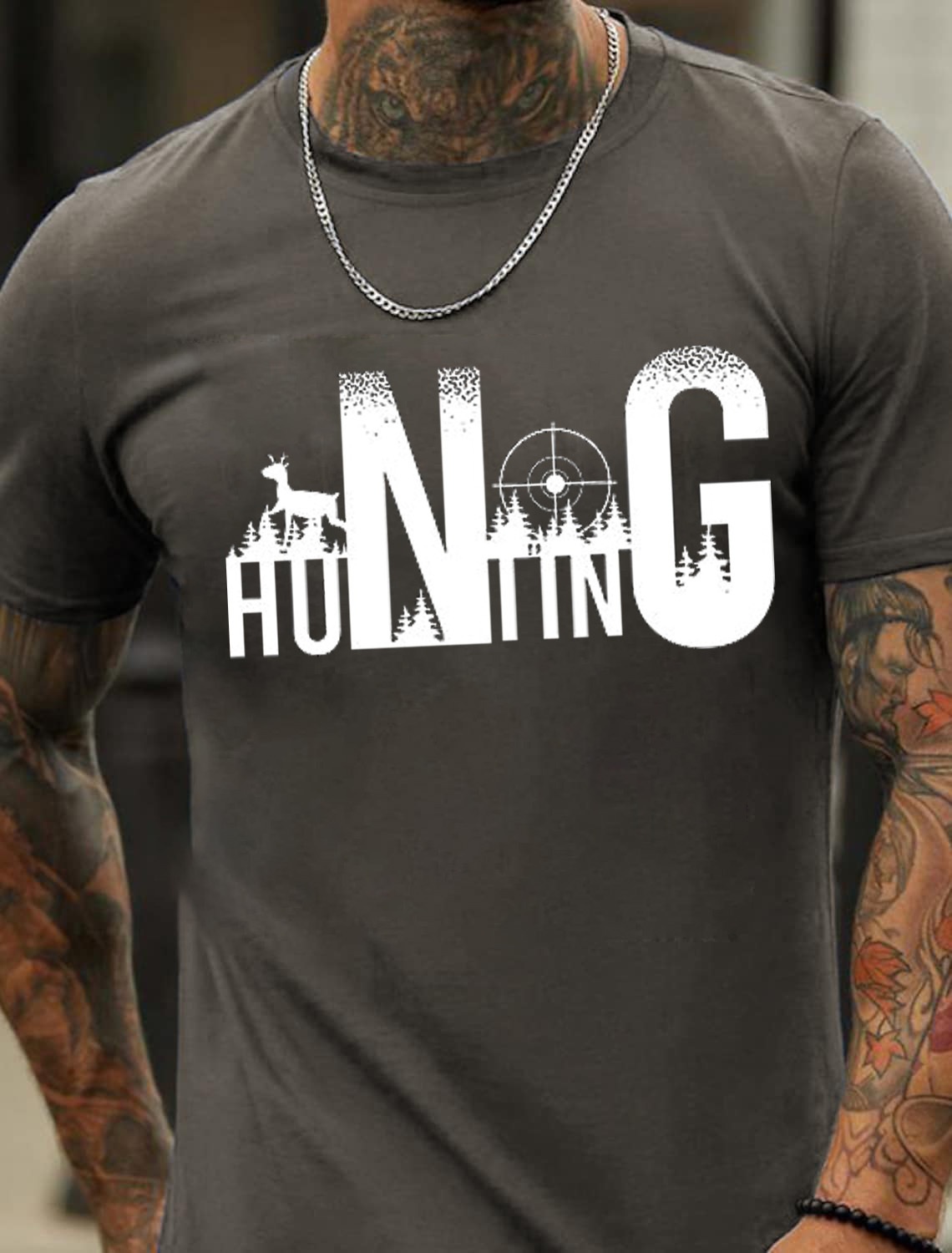 Europe & America Oversized Forest Hunting HUNTING Letter Print Men's Cotton Summer T-Shirt - TT7081