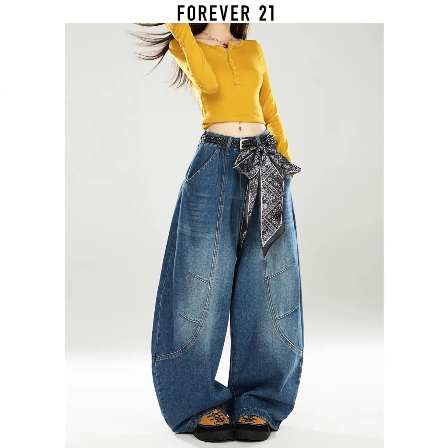 Americanstyle high street stitching curved blade womens jeans Y2K fashionable Ins scarf large size loose wide leg pants 251029