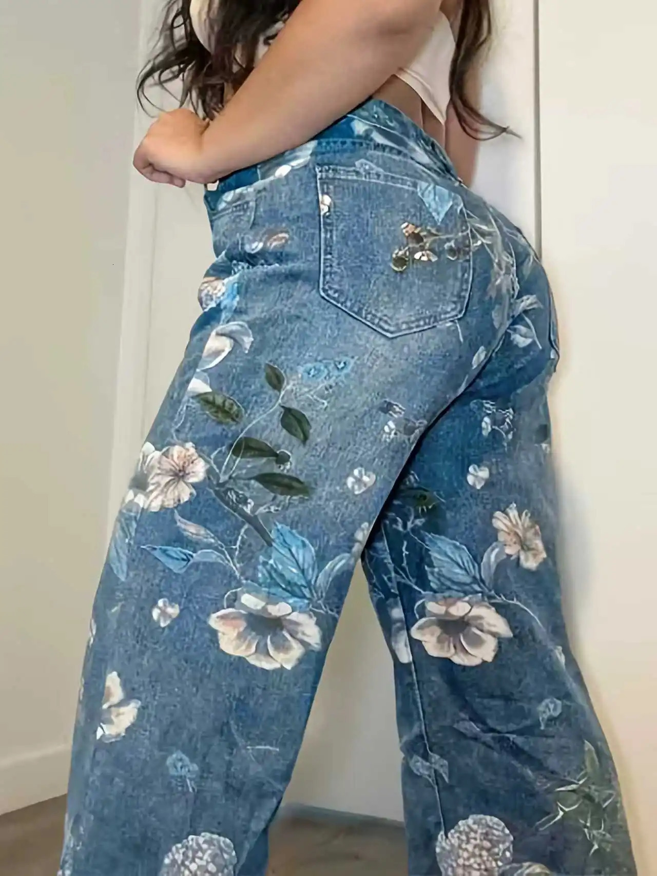 Ladies flowerprinted wideleg jeans Loosefitting fashionable nonstretchy midrise vintagestyle denim long pants 251029