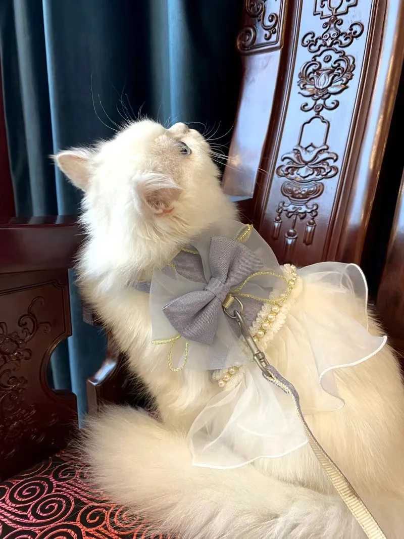 Cute Bowknot Pet Harness Leash Princess Cat Dress Costumes Nylon Kittten Dress Puppy Harness For Rabbit Teddy Cats Clothes J251129