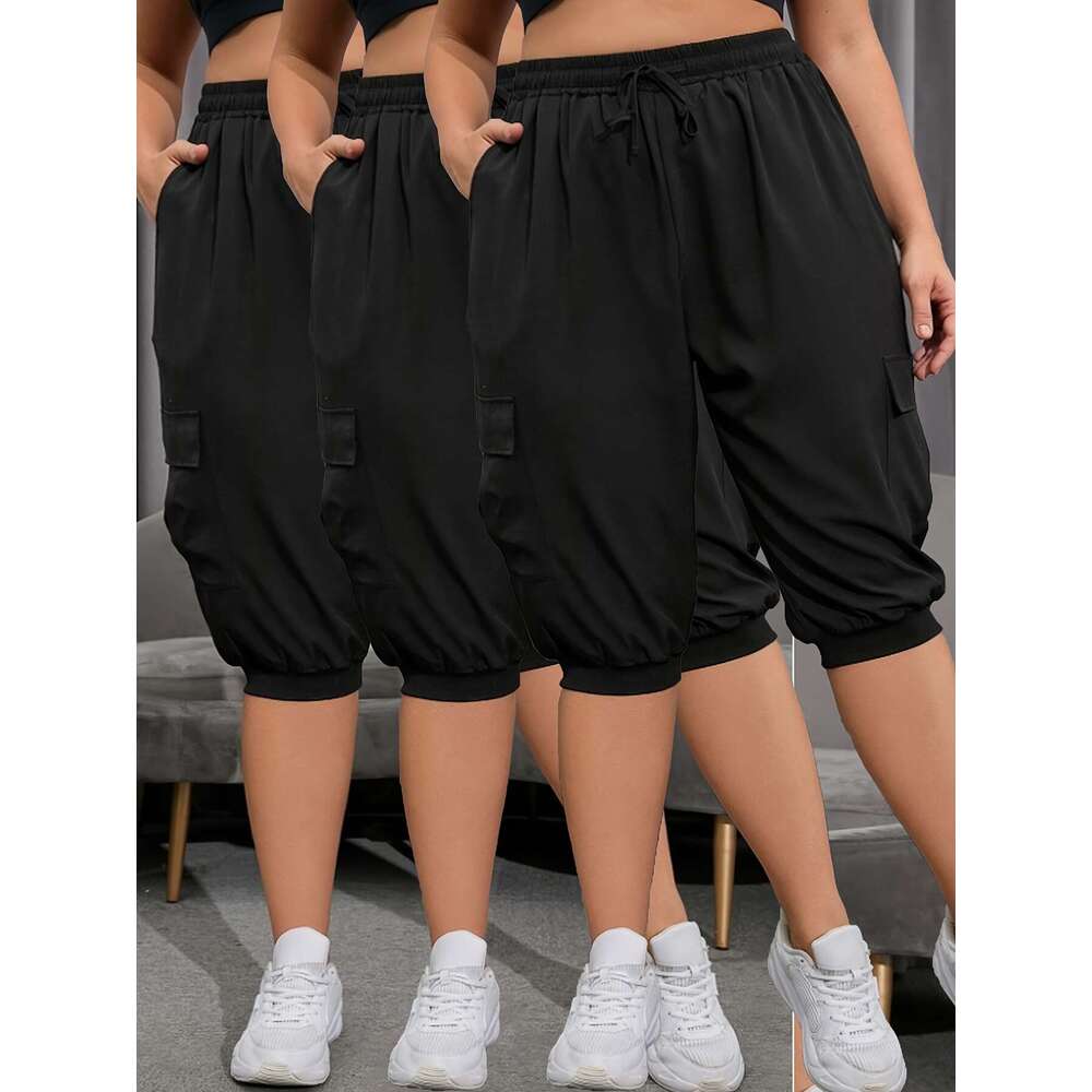 Women's Plus Size 3pcs Yoga Capri Pants with Side Flap Pockets & Drawstring Waist - Lightweight, Breathable Casual Sportswear