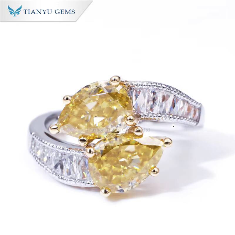 Tianyu Gems 7X10mm Pear Cut Vivid Yellow Moissanite Ring Toi Et Moi 18k 14k Gold French Cut D Color Stone Engagement Rings Women