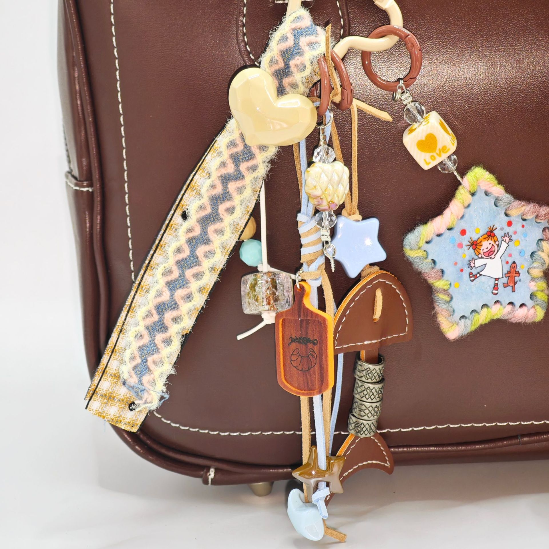 Leather Fishbone Pendant Wooden Tag Star Braided Rope Heart Bag Charm Small Tote Hangable Cute Baby