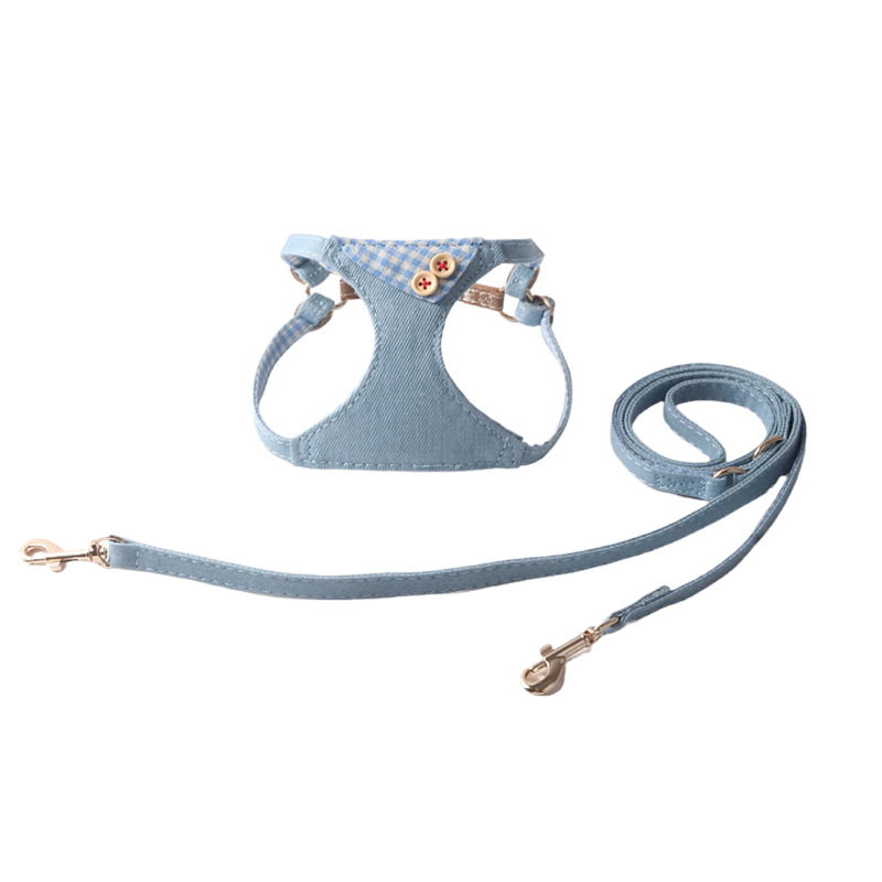 Plaid Denim Dog Harness & Leash Set with Decorative Buttons, Comfortable Breathable, Multi-Color Options, for Small Dogs, Sturdy Metal Buckles, Ideal 