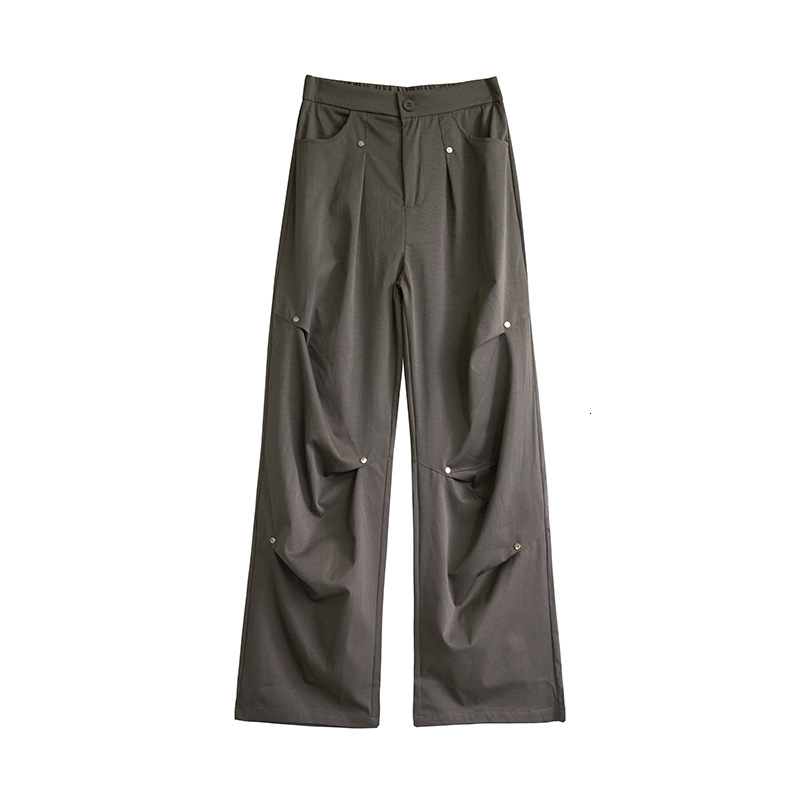 Designer Luxury American Women's Work Pants, Autumn And Winter, Wool Lining, High Waist, Slim Fit, Straight Legs, Rivets, Pleats, Loose, Wide Leg