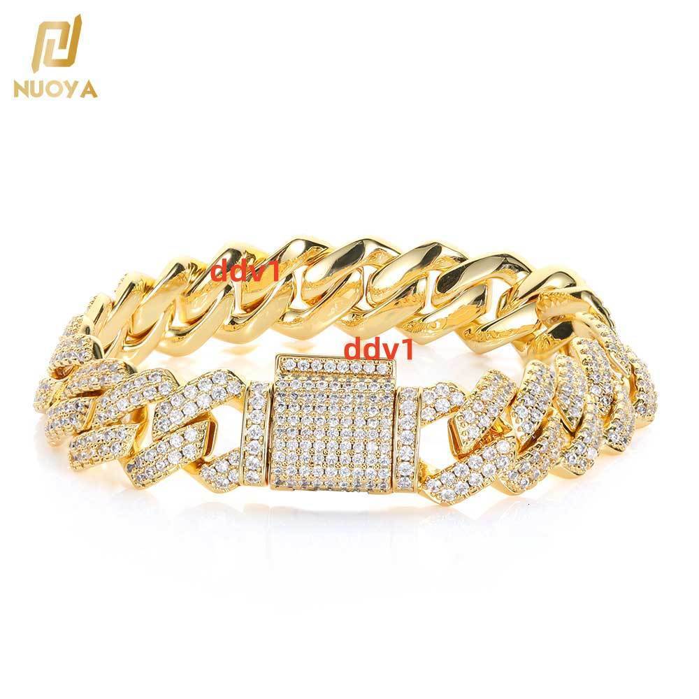 NUOYA 14mm Iced Out Mens Hip Hop Jewelry Gold Plated Brass Full Pave moissanite Miami Moissanite Cuban Chain Bracelet Designer's style