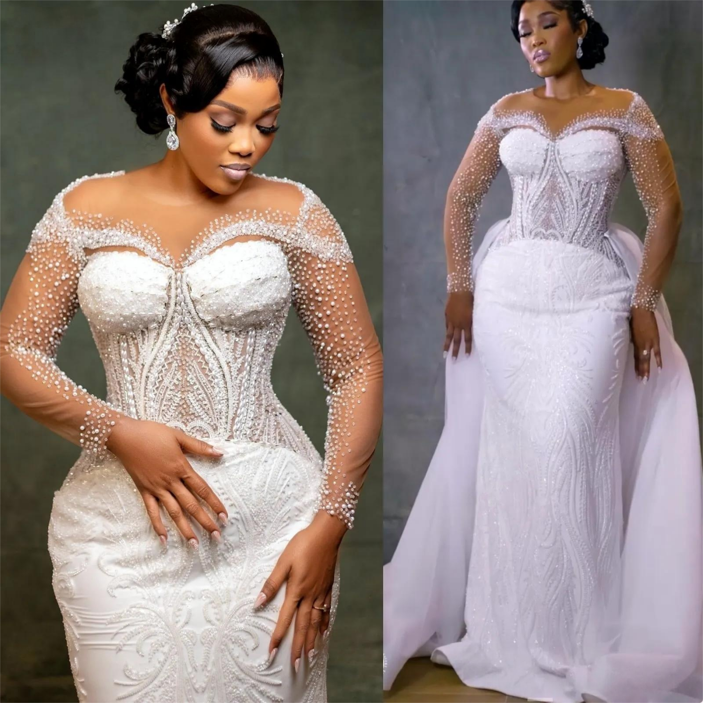 Ivory Wedding Dress Plus Size Beaded Sequined Lace Full Sleeves Tulle Detachable Train Bridal Gowns Dresses