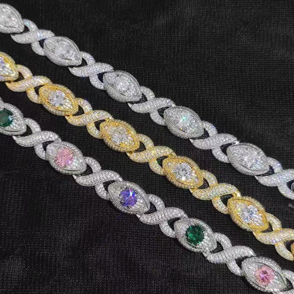 Fashion Evil Eye Color Moissanite Men Iced Out Men Cuban Sier Lab Diamond Hip Hop Bracelet