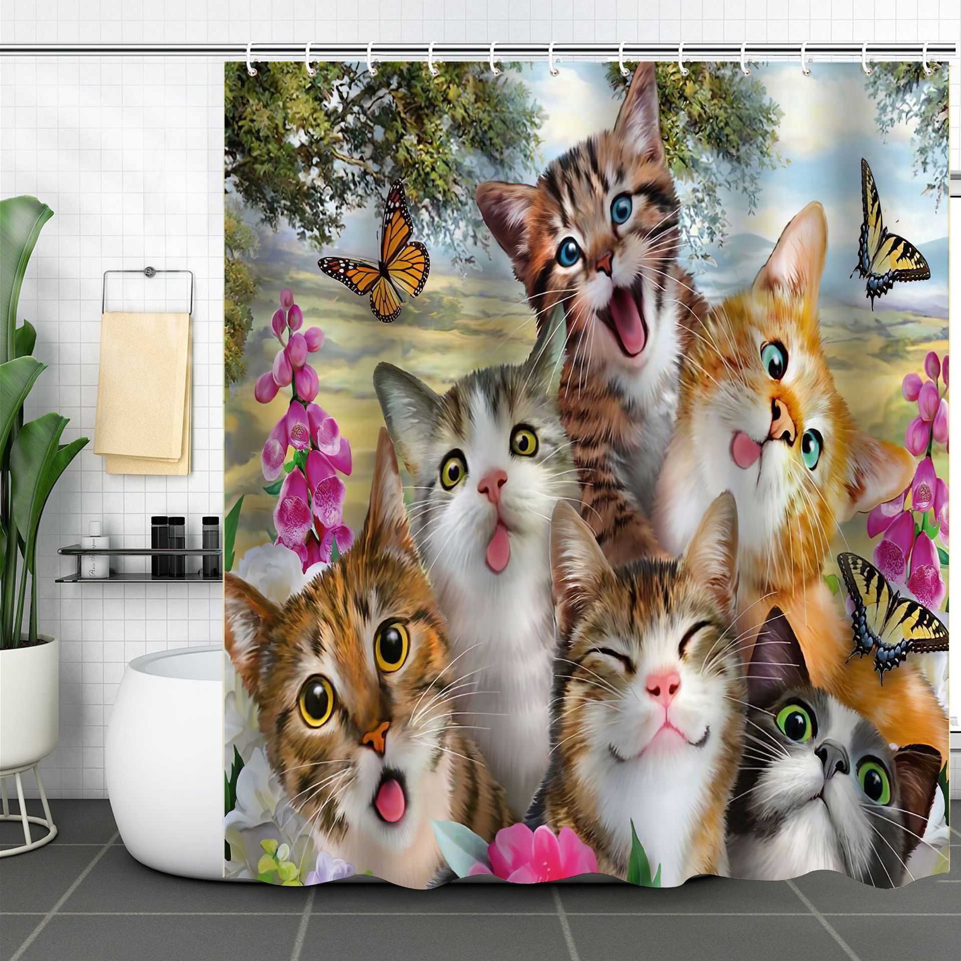 YL-37628 Popular 3D Digital Shower Curtain with Kitty Shower Design, Bathroom Dry and Wet Separation, Polyester with Hooks