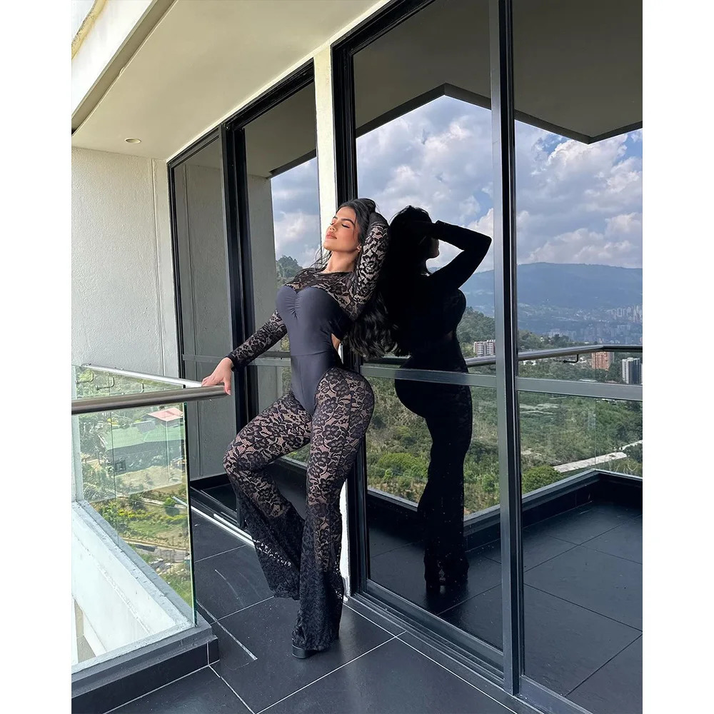 Lace Sexy Long Sleeve Backless Bodysuit High Waist Pants Round Neck Female Sensation Spicy Girl Fashion Casual Jumpsuits 251027