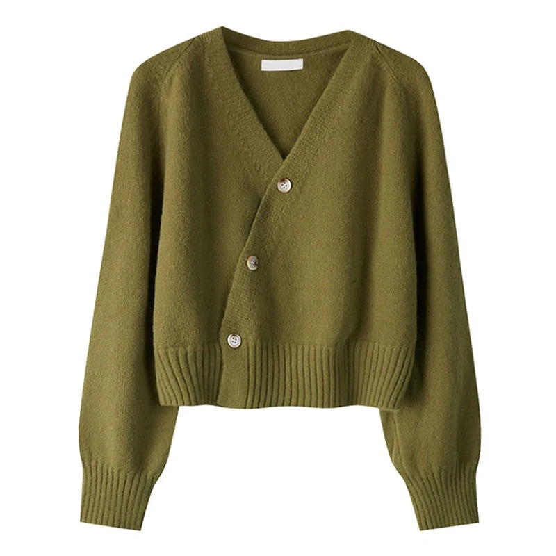 HELIAR Autumn Winter Skew Buttons Cardigan Vneck Sweater Women Knitted Long Sleeve Tops Korean Loose Solid Cashmere 251028