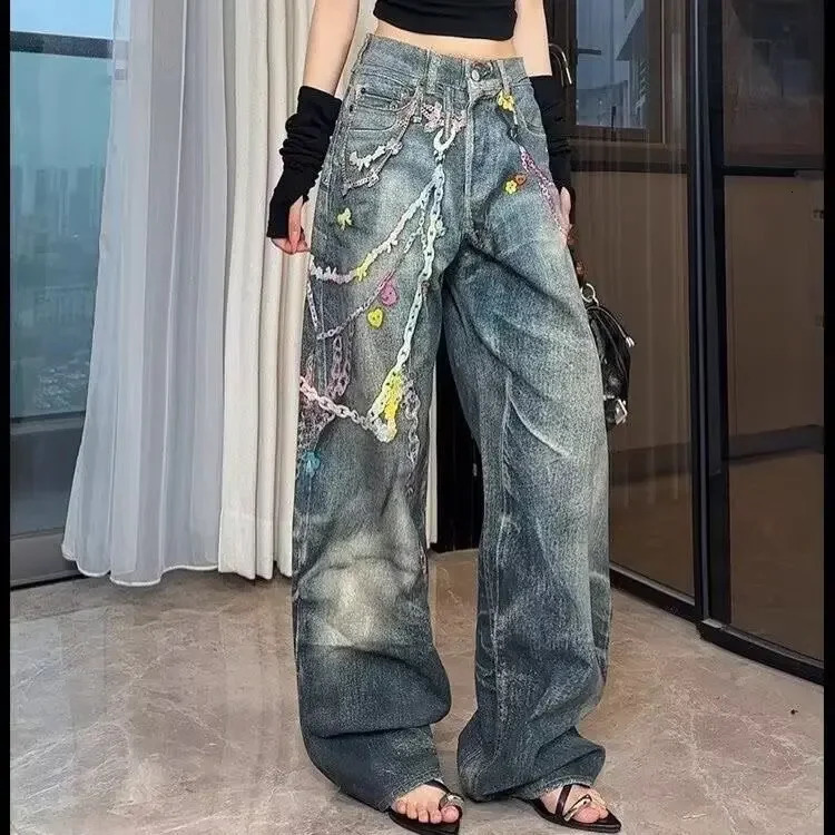 High Waist Straight Leg Jeans Womens Chain Print 3D Floral Casual Fashionable Floor Length Trousers 251029