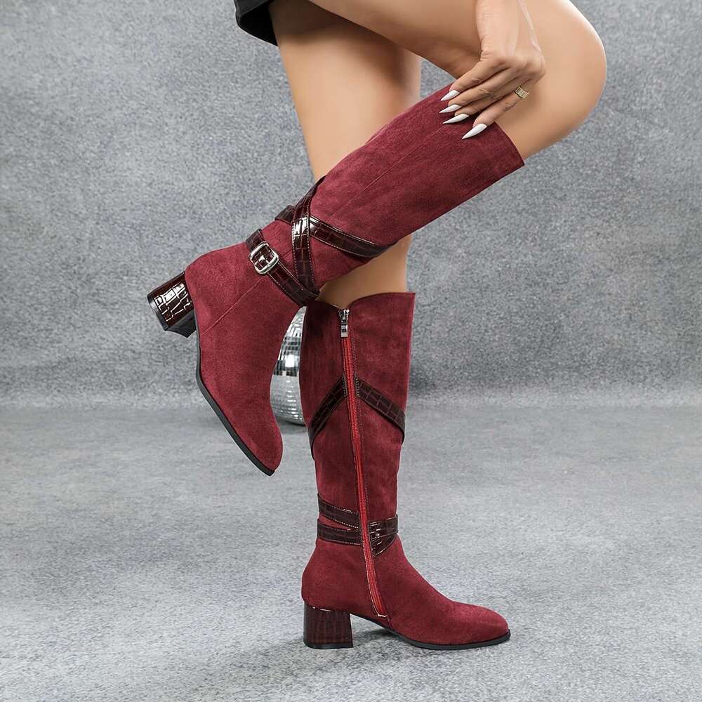 Elegant Bury Knee-High With Chunky Heel, Side Zipper, And Buckle Straps - Women's Round Toe Winter Knight Boots, High Heel Boots