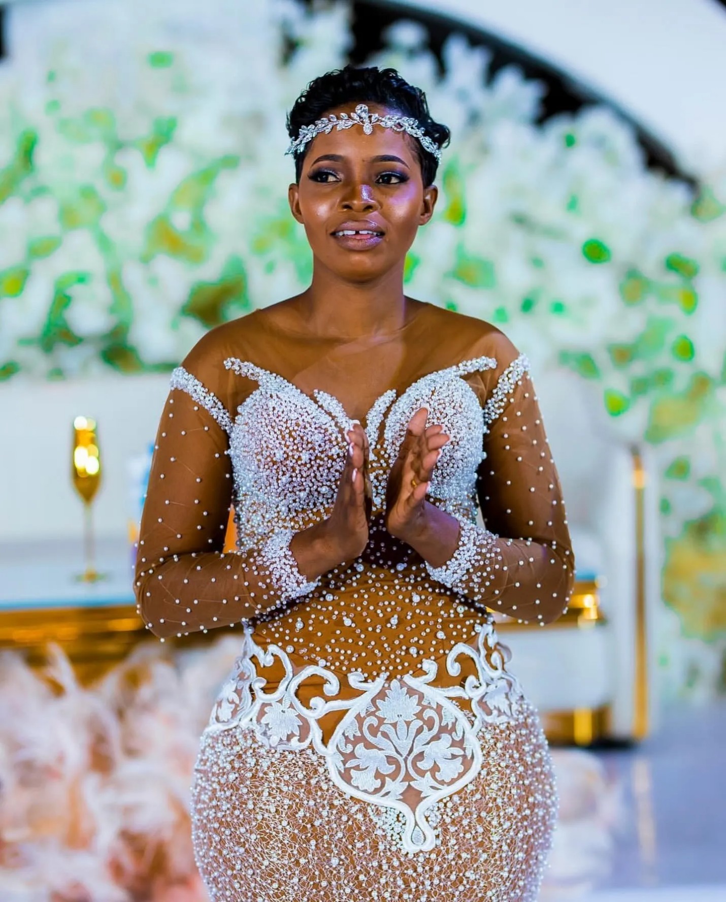 Gold Mermaid Wedding Dresses Plus Size Lacefull Full Sleeves Lace Crystals Bridal Gowns Dress Vestidos De Novia