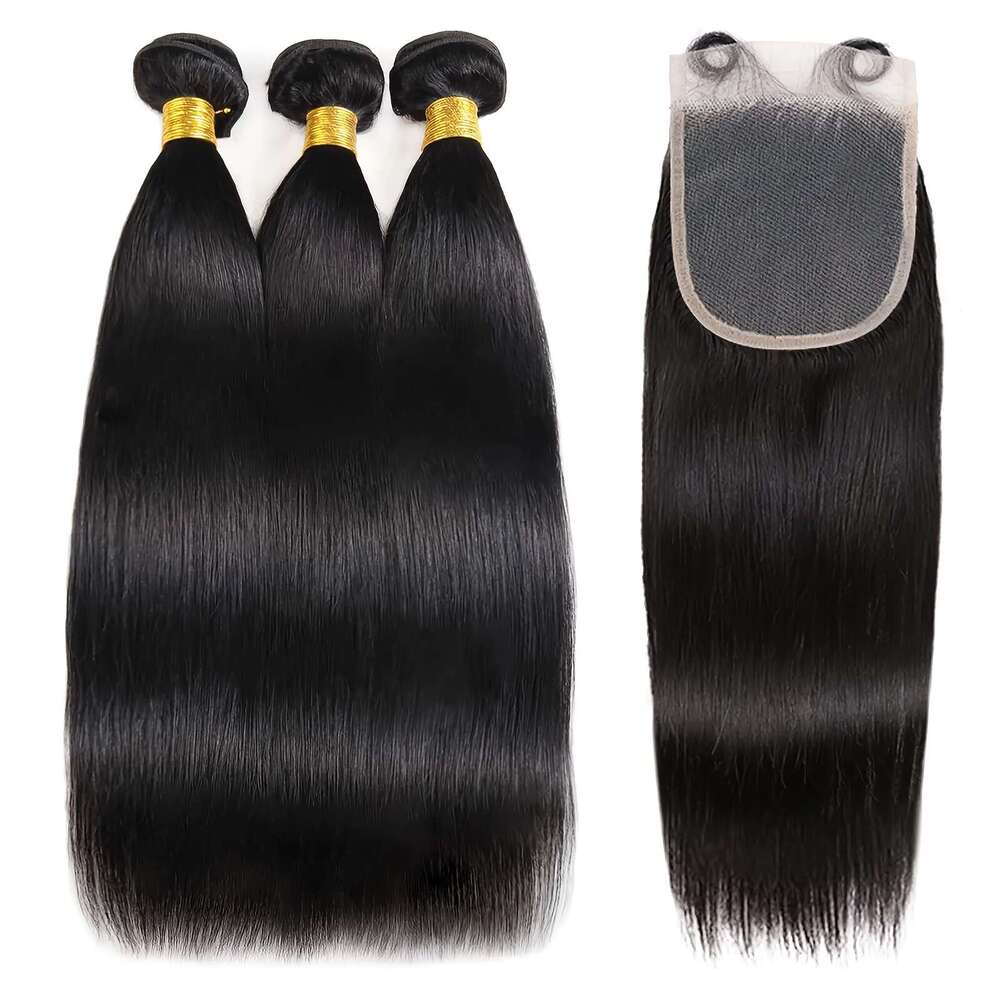 Brazilian Virgin Remy Human Bundles With - 12/14/16+10 Inch Straight Hair, Unprocessed Natural Color, 4X4 Lace Front Closure Seamless Blend, Volume