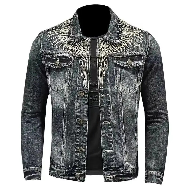 Mens retro denim jacket high street trendy embroidered lapel motorcycle loose casual fashion versatile mens clothing 251016