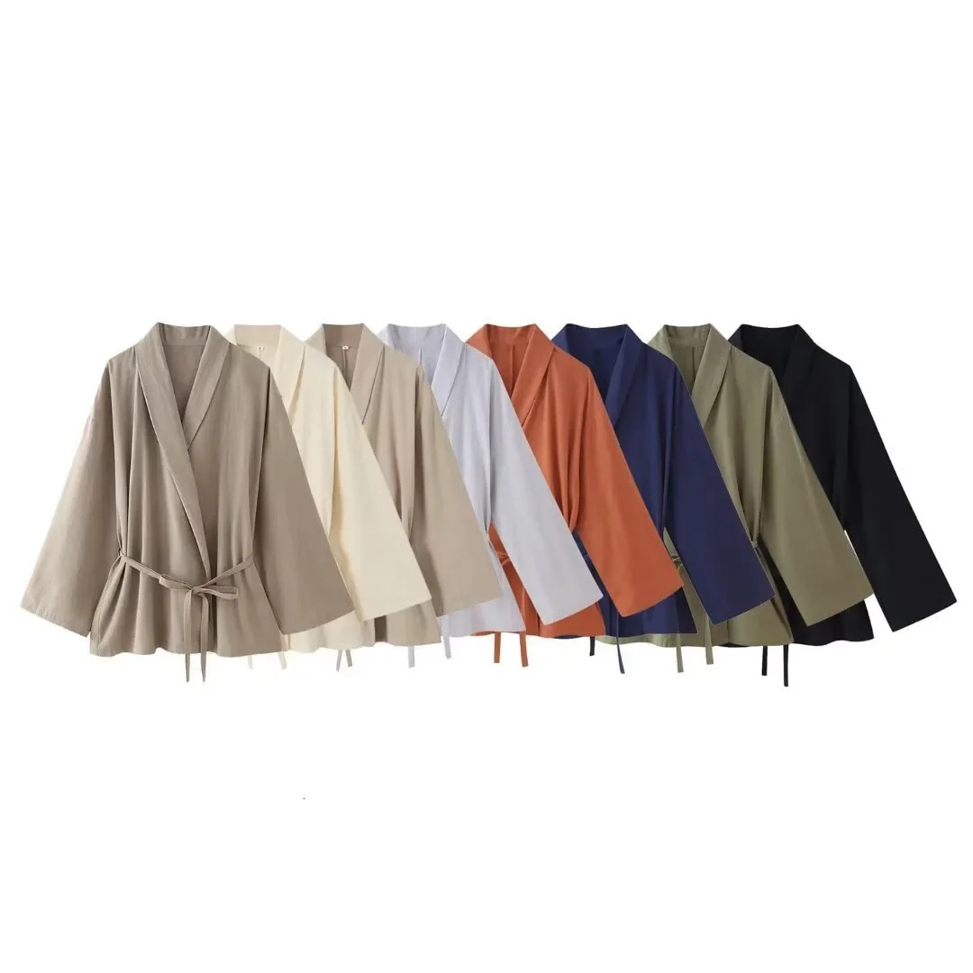 PRINTKAOIR Womens Kimono Style Solid Suit Long Sleeve 2Piece Set with Deep V Lapel And Pants Casual Outerwear for Fall 251029