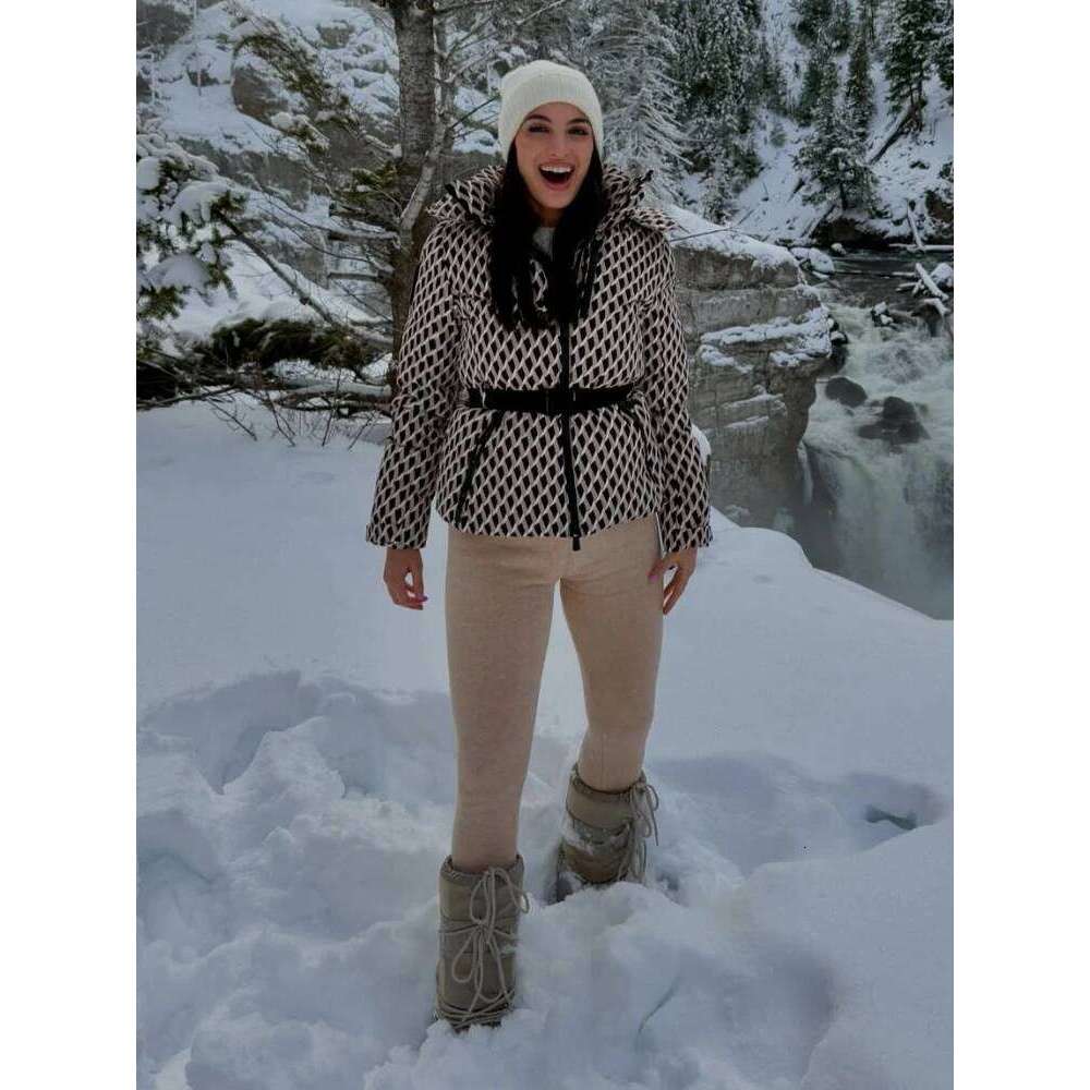 Women's Hooded Warm Ski Wear High Collar Long Sleeves With Belt Windproof Thermal Jacket Winter Female Chic Overcoat