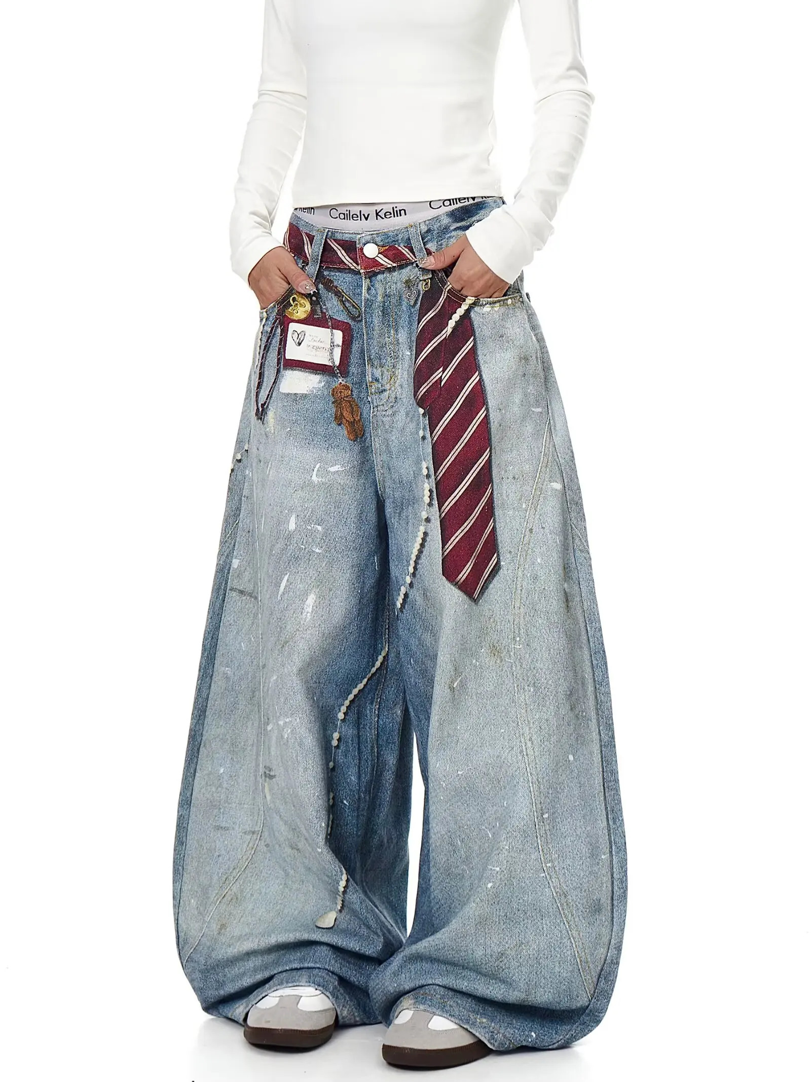 3D printed American retro straight leg wide leg jeans washed and worn high street jeans for women loose fitting Harajuku fashion 251029