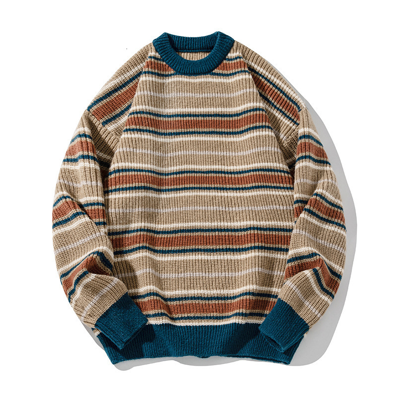 Designer Sweater Color Block Striped Crew Neck Sweater For Men Autumn And Winter Thick Knit Loose Fit Lazy Style Soft Pullover Knitwear Jacket