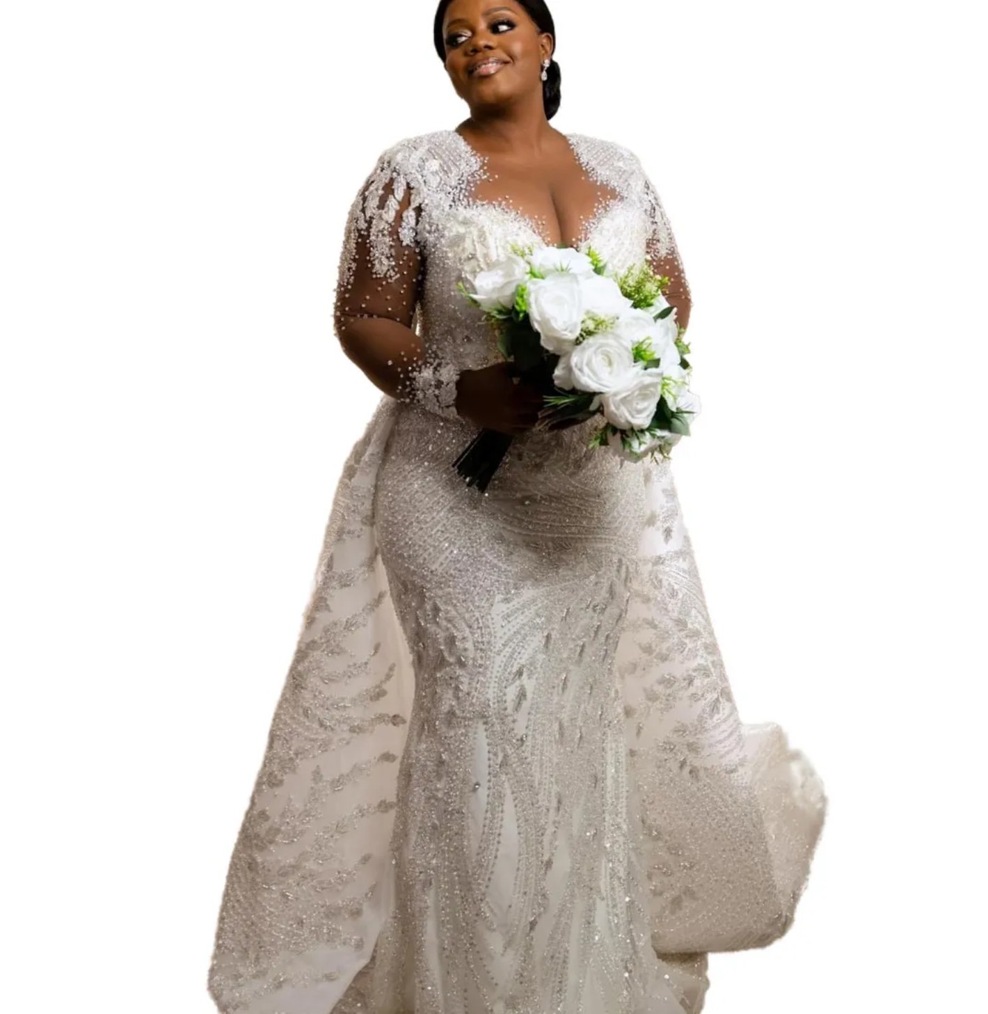 Ivory Mermaid Wedding Dresses Plus Size acefull Beaded Crystals Full Sleeves Detachable Train Bridal Gowns Dress