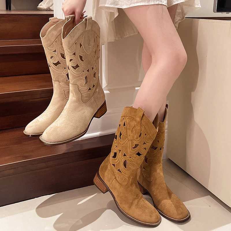 new Hollow Embroidered Vintage Western Boots Women Autumn Chunky Heels Knee High Cowboy Boots Woman Pu Leather Knight Booties Z251029