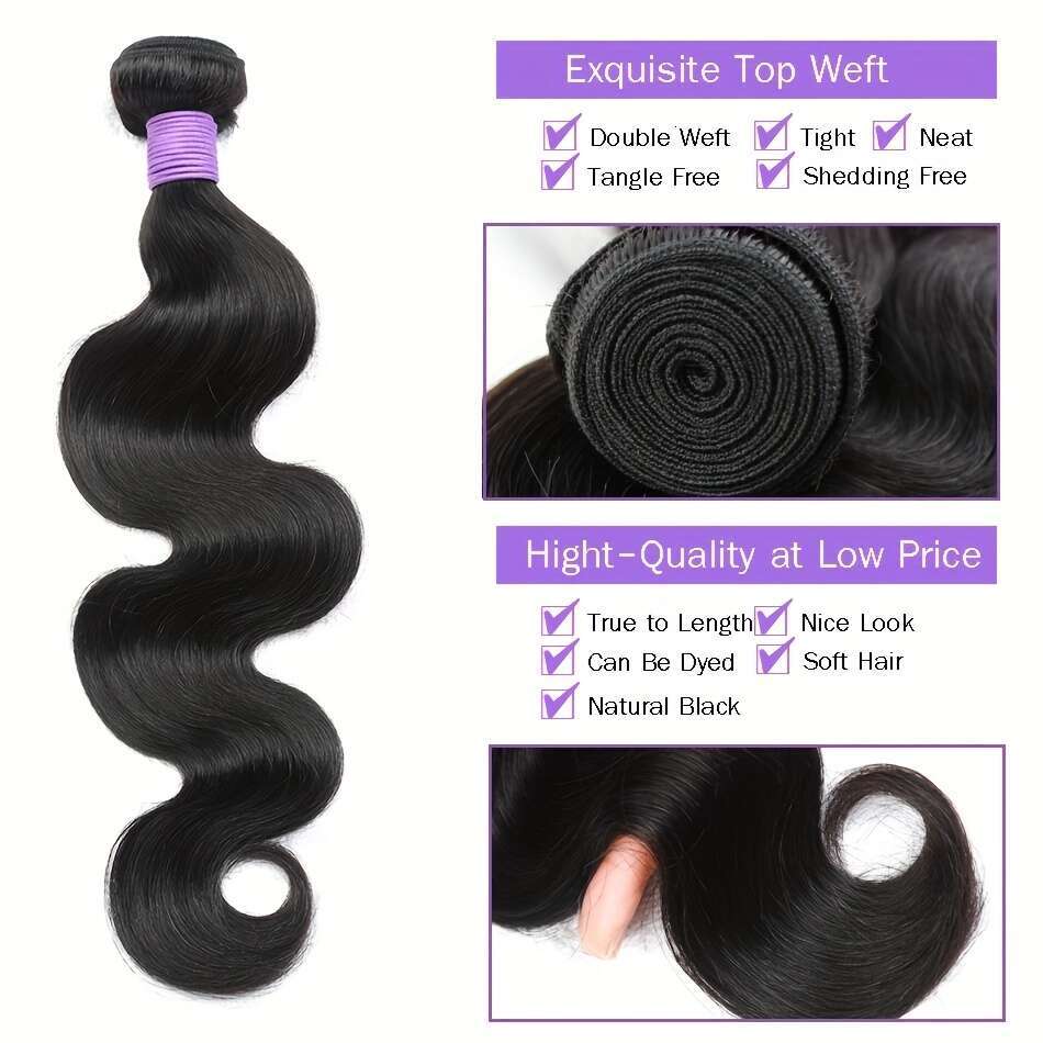 Virgin Human Hair Bundles - 15A Body Wave, 100% Unprocessed, Natural Black, Salon Quality Men Women, Soft & Voluminous Curls, Ideal
