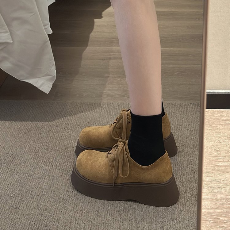 Vintage shoes autumn fashion small man height muffin loafers round toe lace-up platform single shoe trend2025