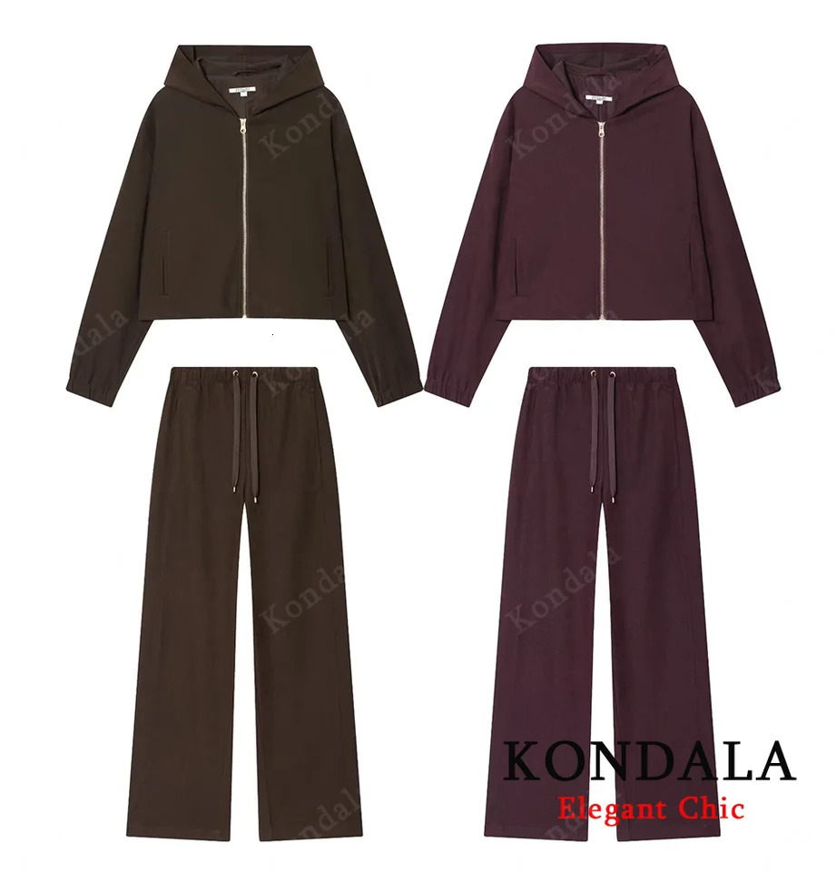KONDALA Women Fall Casual Pant Set Hooded Pilot Jacket Drawstring Pants SpringAutumn Elegant Energetic Female Pant Set 251029