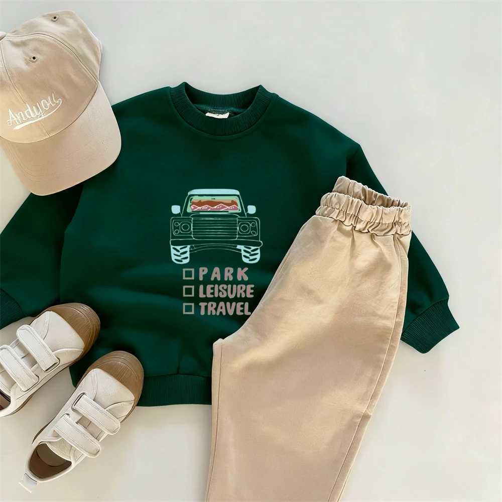 Little Car Print Sweatshirts Longsleeved Tops Boys Child Fashion Casual Wear Round Neck Pullovers Green White Hoodie For KidsT251030