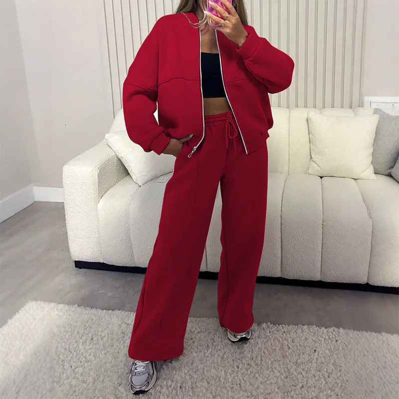 Womens Zipper Pocket Cardigan Sporty Style Long Sleeve Jacket Solid Color Long Trousers Set 251029