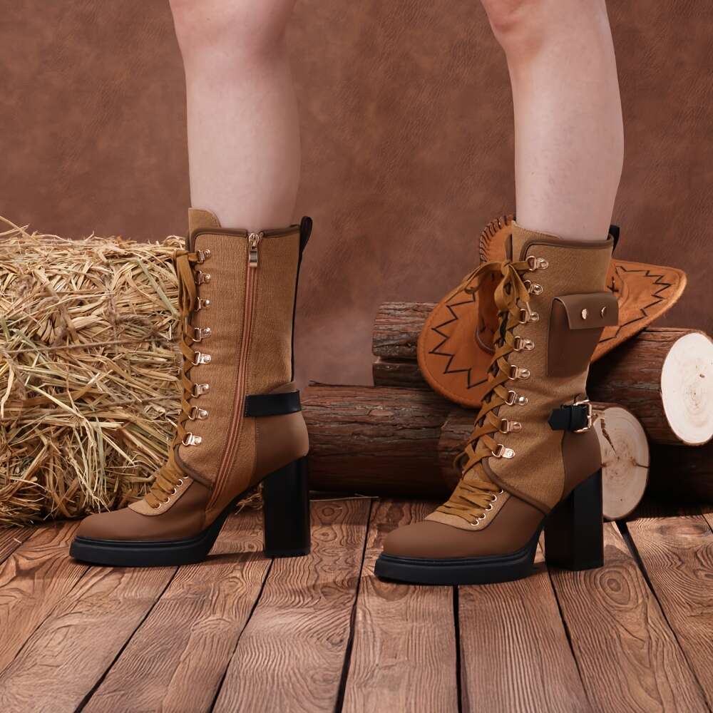 Women's Wide Calf Thigh-High Boots Feature Buckle Strap And Chunky Block Heel, Ideal Those Looking Over-The-Knee Lace-Up Riding Or Combat Styles 