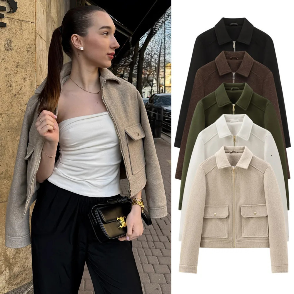 autumn and winter womens clothing pocket zipper decoration soft simple longsleeved lapel short jacket 251028