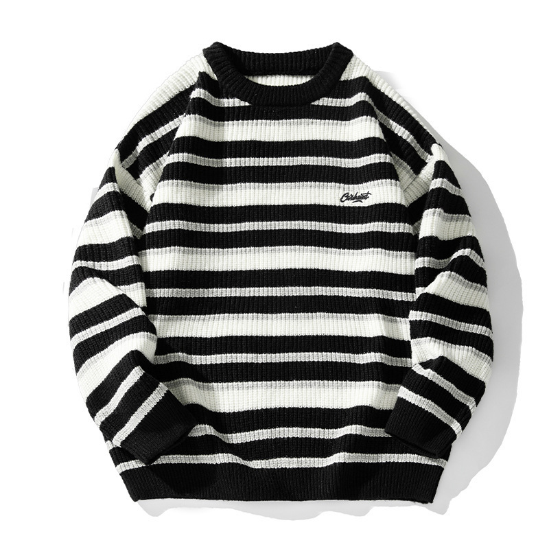 Striped Thick Knit Sweater For Men 2025 Autumn Winter New Designer Sweater Couple Color Block Round Neck Knitwear Jacket