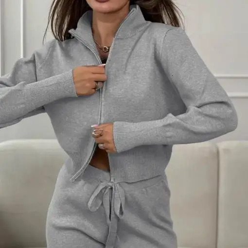 Two Piece Set Women Outfit Autumn Winter Double Zipper Long Sleeve Knitted Top High Waist Casual Pants Set 251029