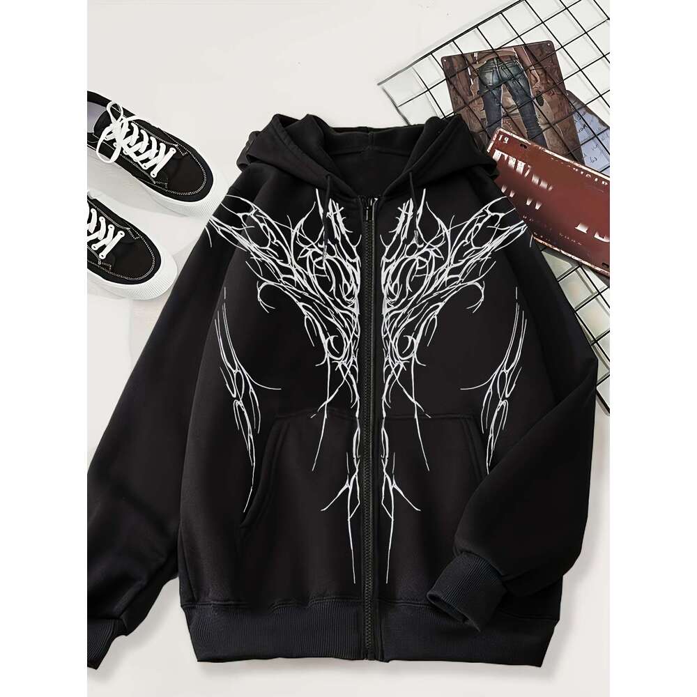 Women S Fashion Hoodie With White Line Art Design Casual Polyester Knit Fabric All Season Zippered Hooded Sweatshirt