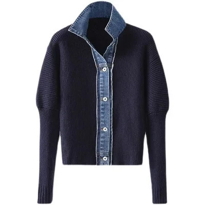 2025 Autumn Jean Patchwork Women Cardigan Sexy Contrast Color Sweet Knitted Top Long Sleeve Chic Fashion Jumpers Sueter 251029