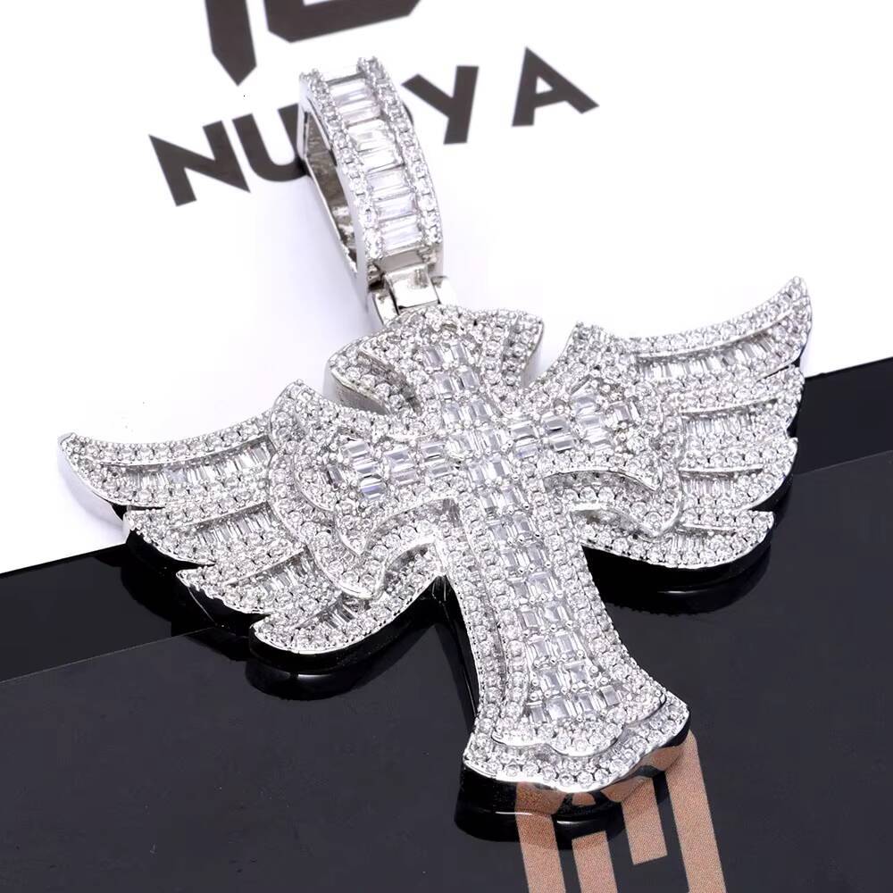 NUOYA Iced Out Full Diamond Cross Pendant Gold Silver Micro Pave Baguetter Angel Wings Cross Pendant for Hip Hop Men Women Designer's style