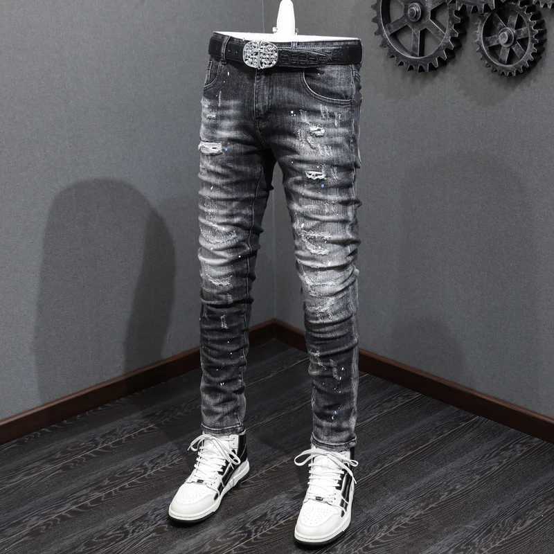 Street Fashion Men Jeans Retro Black Gray Elastic Slim Ripped Jeans Men Vintage Trousers Patched Painted Designer Hip Hop Pants J251030