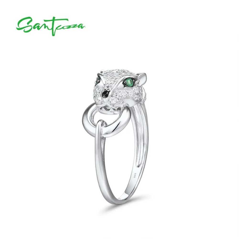 SANTUZZA 925 Sterling Silver Ring For Women Green Spinel White Cubic Zirconia Leopard Panther Rings Party Trendy Fine JewelryW251030