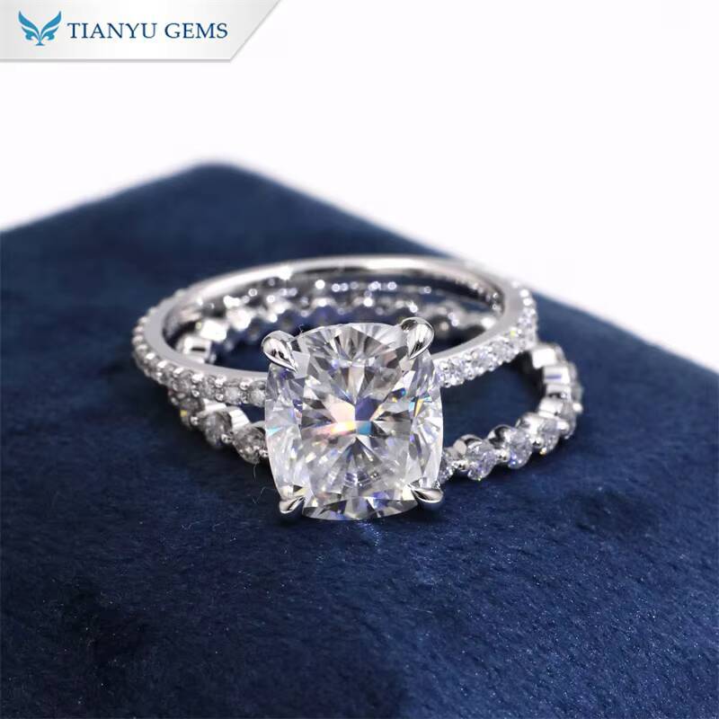Tianyu Gems 14k Solid White Gold 8796mm Cushion Cut Moissanite Diamond DEF VVS1 Fashion Jewelry Ring Set for Girls