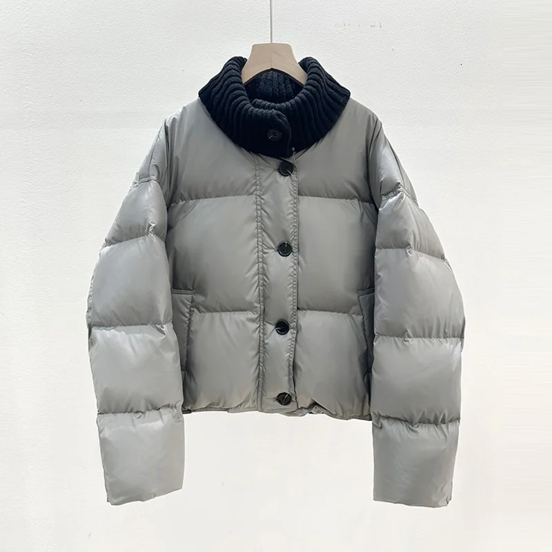 Winter Knit Half Polo Turtle Neck Cropped Puffer Jacket Women Thicken Warm Zipper Up White Duck Down Bread Coat 251023