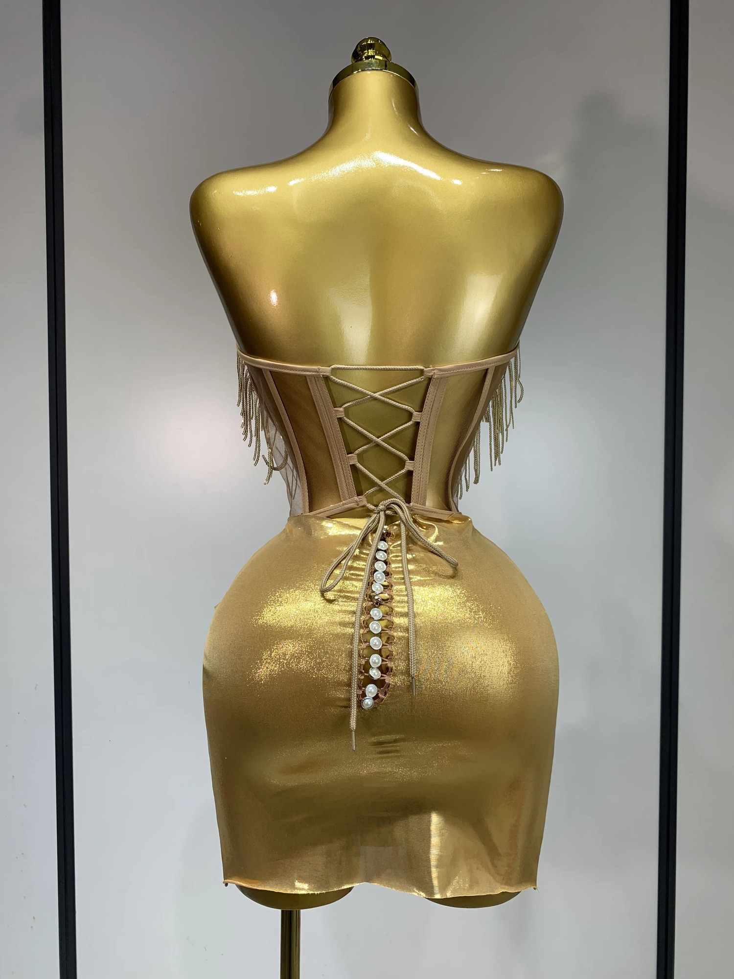Sparkly Gold Rhinstones tassels Top Skirt Set Women Sexy Strapless Two Pieces Nightclub Evening Party Stage Outfit 251028