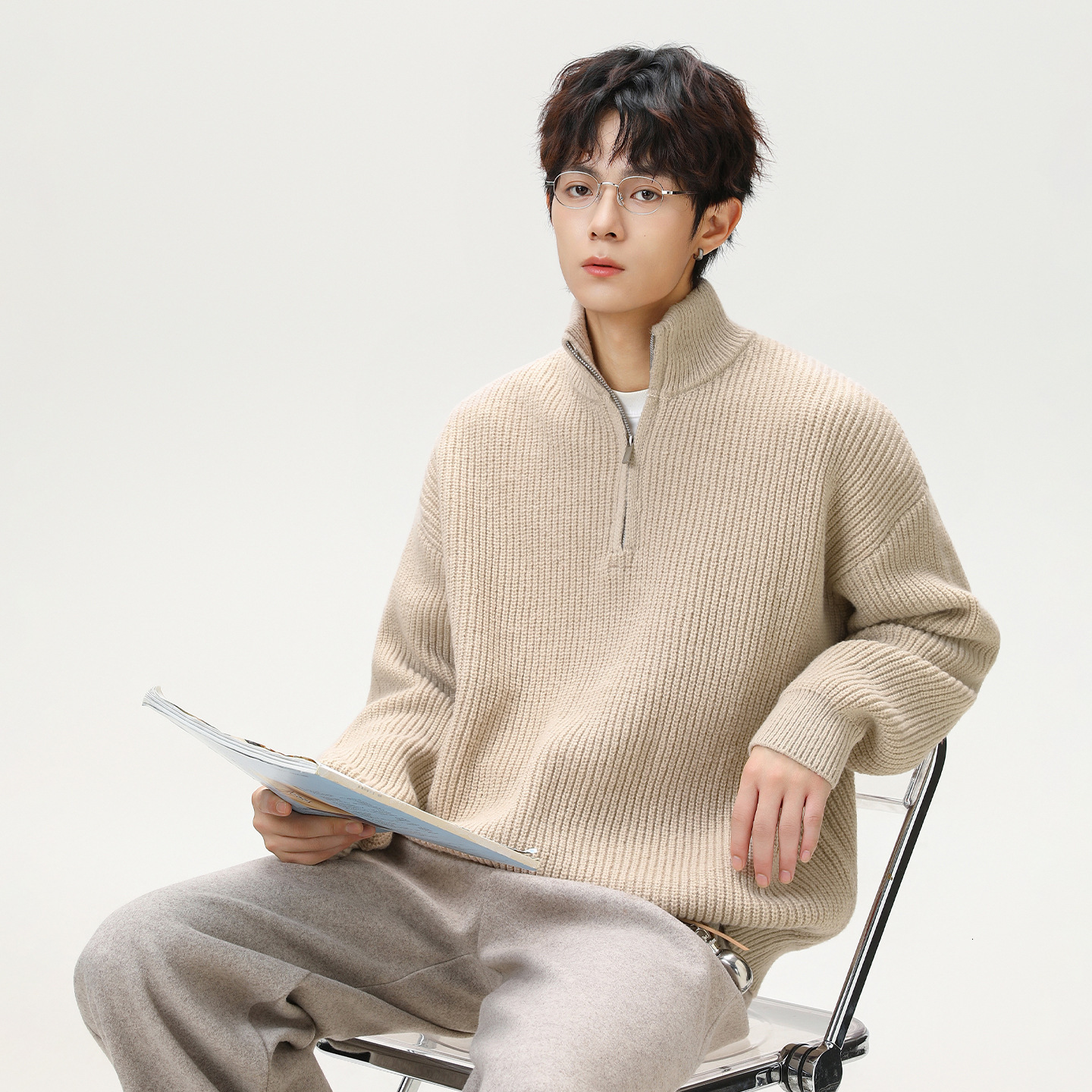 Half-zip Stand Collar Sweater For Men Autumn And Winter New Style Loose Texture Designer Sweater Imitation Deer Fur Lazy Style Warm Knitted Jacket