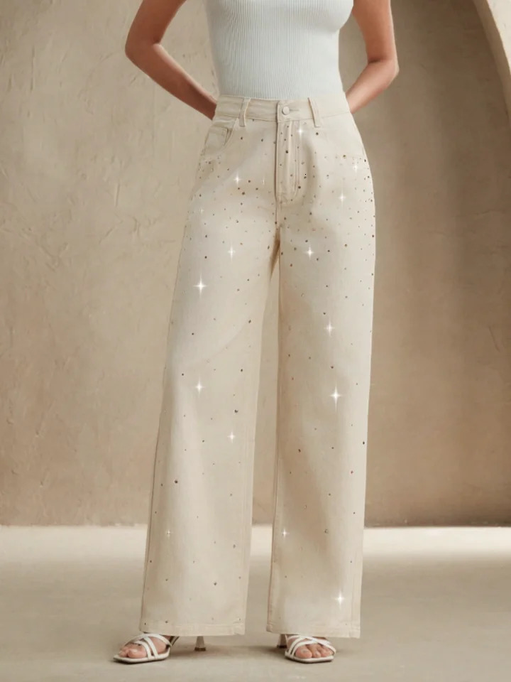 2025 autumn style white womens wideleg jeans with colorful diamond n loose fit slimming effect and good draping qua 251029