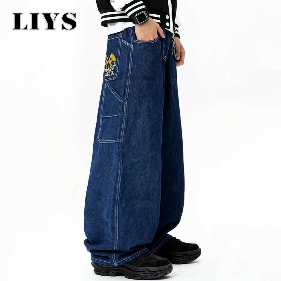 Mens American Retro Animal Rabbit Embroidered Loose Wide Leg Jeans Unisex Clothes Blue Y2K Baggy Design Multi Pocket Denim Pant J251030
